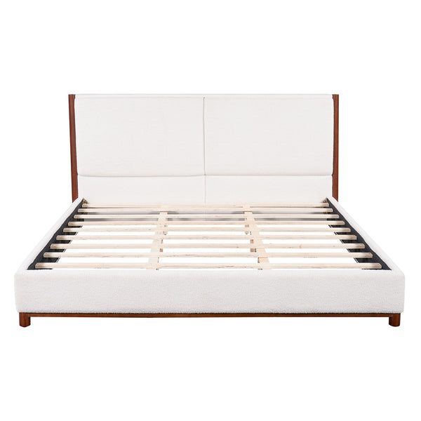 King Upholstered Bed Frame, No Box Spring Needed - Walnut / White