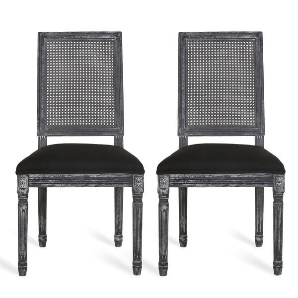 French Country Dining Chair With Rectangular Cane Backrest And Smooth Upholstered Seating