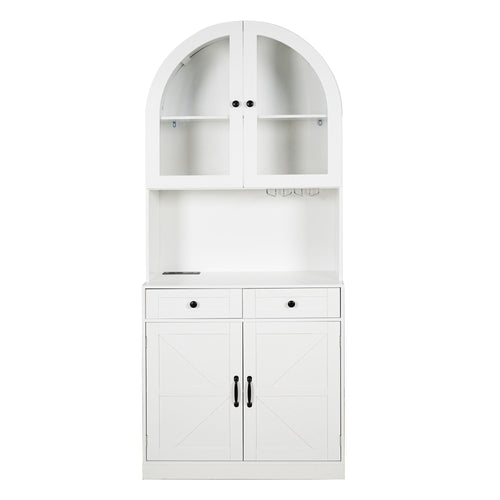 Tall Arched Pantry Cabinet With Charging Station, Adjustable Shelves, Coffee Bar