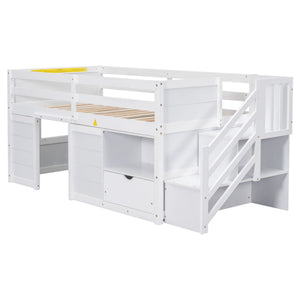 Low Loft Bed With Stair, Drawer, And Shelf