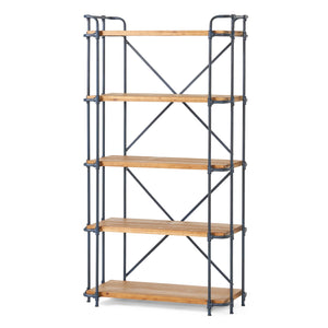 Yorktown - Industrial 5 Shelf Bookcase With Metal Pipework And Solid Fir - Natural