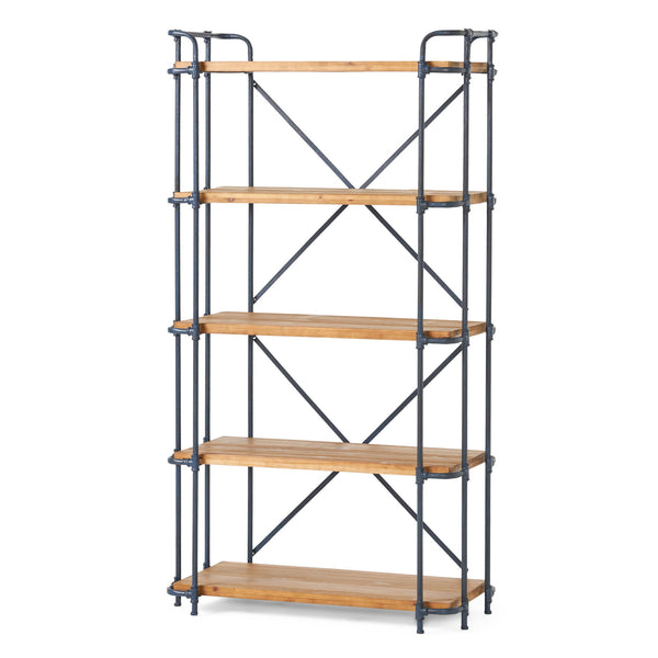 Yorktown - Industrial 5 Shelf Bookcase With Metal Pipework And Solid Fir - Natural