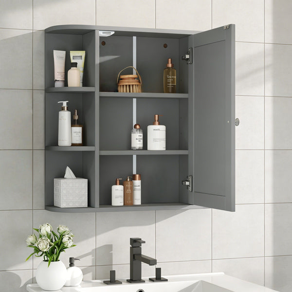 Bathroom Wall Storage Cabinet With Mirror And Adjustable Shelf, 6 Open Shelves