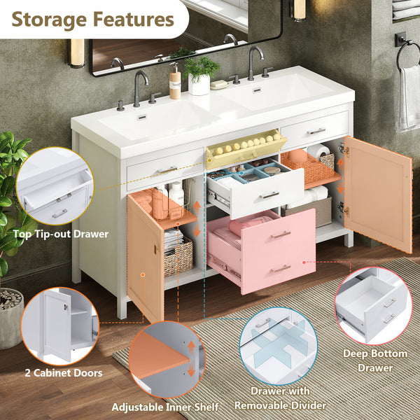 Double Sink Bathroom Vanity With Top, Soft Closing Doors & Drawers, Tip Out Drawer, 2 Cabinet Doors, Adjustable Shelf - White