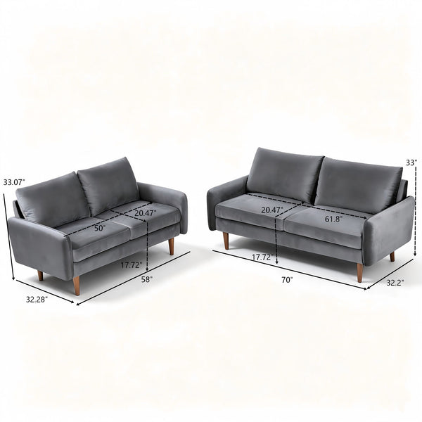 Kent - 2 Piece Sofa & Loveseat Set For Living Room - Gray