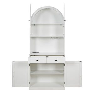 Tall Arched Pantry Cabinet With Charging Station, Adjustable Shelves, Coffee Bar
