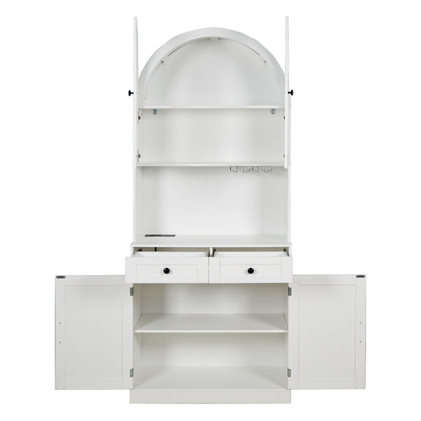 Tall Arched Pantry Cabinet With Charging Station, Adjustable Shelves, Coffee Bar