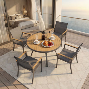 Gray Aluminum Patio Dining Set With Textilene Chairs, 5 Piece All Weather Round Table And 4 Seater For Garden, Deck, Or Porch