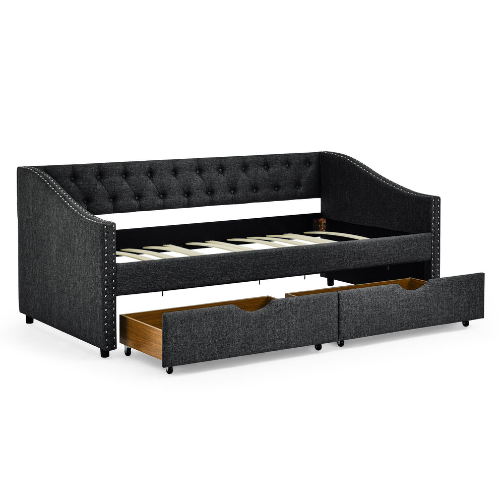 Upholstered Tufted Daybed With 2 Drawers, Waved Arms