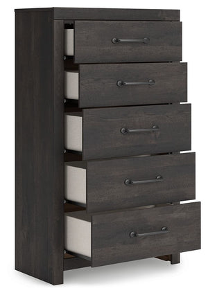 Hollivern - 4 Pc. - Twin Panel Storage Bed, Dresser, Mirror And Chest - Dark Gray