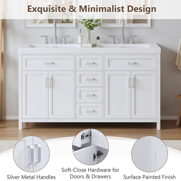 Bathroom Vanity Cabinet Only, Soft Close Doors & Drawers, 4 Drawers & 2 Double Door Cabinets - White