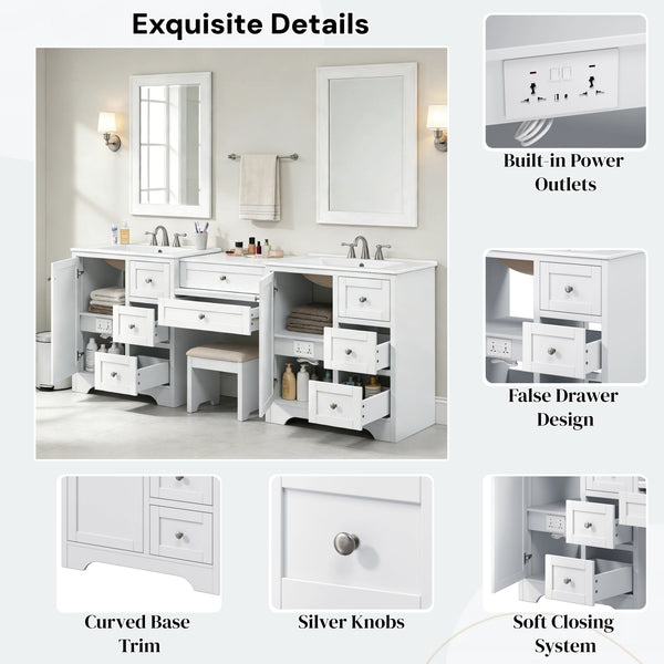 Double Sink Bathroom Vanity With Countertop, 2 Ceramic Sinks, 6 Drawers, Soft Close Design