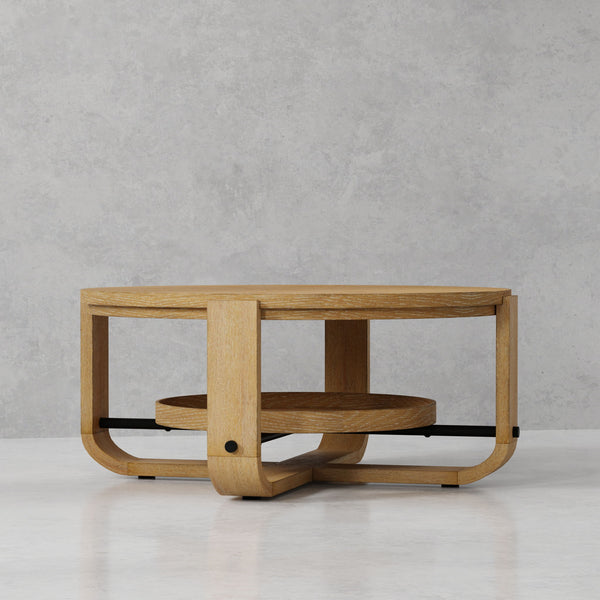 Escape - Cocktail Table Round With Shelf - Glazed Natural Oak / Black Metal Trim