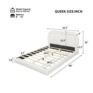Queen Size Upholstered Platform Bed With Tufted Headboard - White