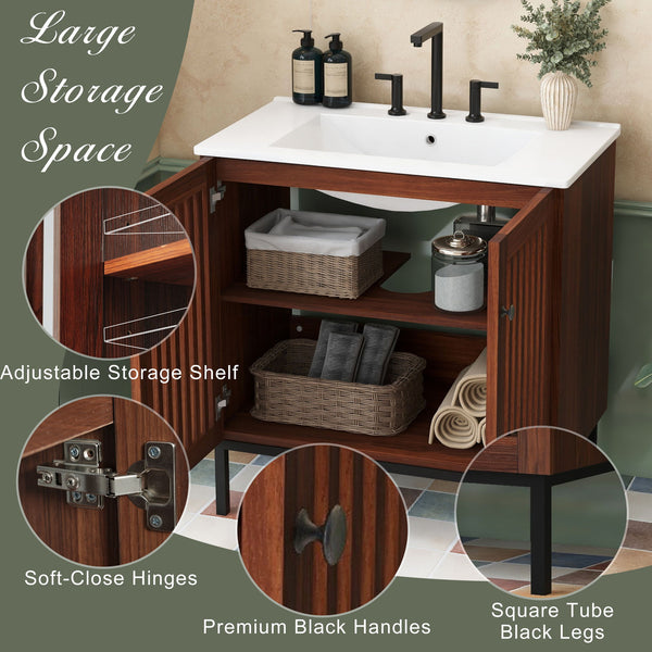 30" Vintage Bathroom Vanity With Ceramic Sink, Modern Bathroom Vanity Cabinet With 2 Soft Close Doors, Equpiied With 4 Sturdy Iron Legs - Antique Dark Brown
