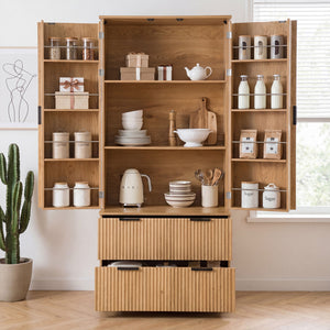 Fluted Kitchen Pantry Cabinet With 2 Large Drawers & 8 Door Spice Rack Freestanding Storage Organizer - Oak