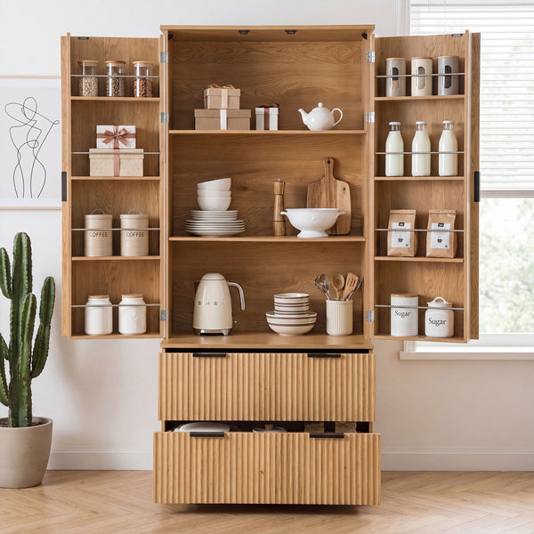 Fluted Kitchen Pantry Cabinet With 2 Large Drawers & 8 Door Spice Rack Freestanding Storage Organizer - Oak