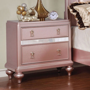 Nightstand With Mirror Accent Panels, 2 Drawer Design - Rose Gold