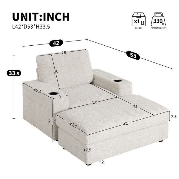 Oversized Chaise Lounge Indoor Rabbit Fur Sofa Bed With Storage Ottoman And Armrests Cup Holders With Deep Seat