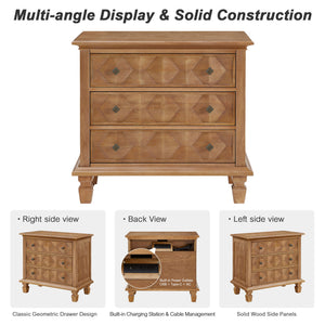 Nightstand With Charging Station, 3 Drawer Bedside Table - Natural Wood
