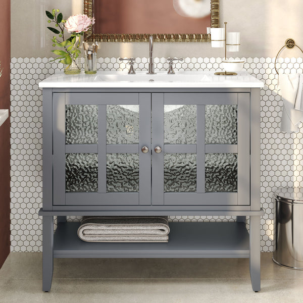 Bathroom Vanity With Ceramic Sink, Adjustable & Open Shelf