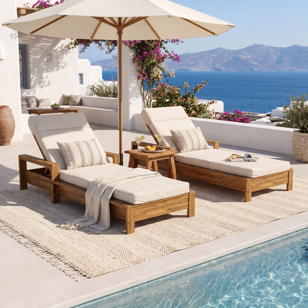 Chaise Lounge Set With 4 Fold Cushion And Built In Headrest, 3 Position Adjustable, For Patio Pool - Cream / Teak