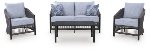 Bridges Beach - Loveseat, Lounge Chairs, Table Set (Set of 4) - Gray