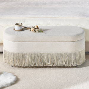 Oval Upholstered Storage Ottoman With Fringe Trim & Lift Top Lid