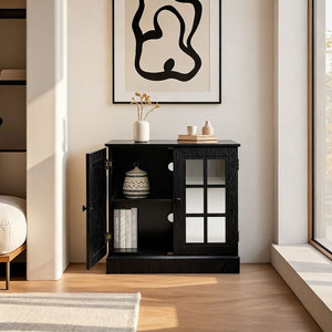 Sideboard Cabinet With Mirrored Doors, Adjustable Shelf, Metal Handles
