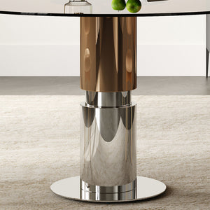 Round Dining Table / Tempered Glass Top - Brown