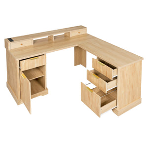 Fluted L-Shaped Desk With Charging Station & Storage Cabinet