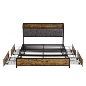 Modern Bed Frame With LED Lights, Upholstered Headboard, USB Charging