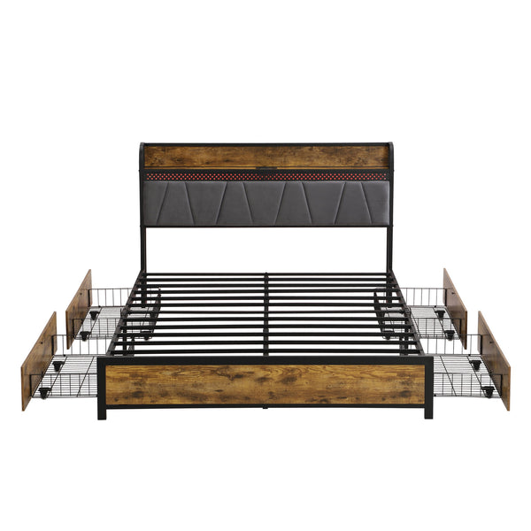 Modern Bed Frame With LED Lights, Upholstered Headboard, USB Charging