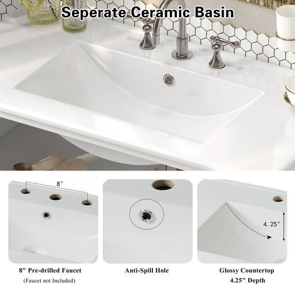 Bathroom Vanity With Ceramic Sink, Adjustable & Open Shelf