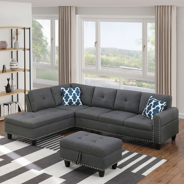 Alger - Left Hand Facing Sofa & Chaise With Ottoman - Dark Gray