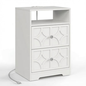 Nightstand With Diamond Carvings Handles, 2 Drawers & Charging Station