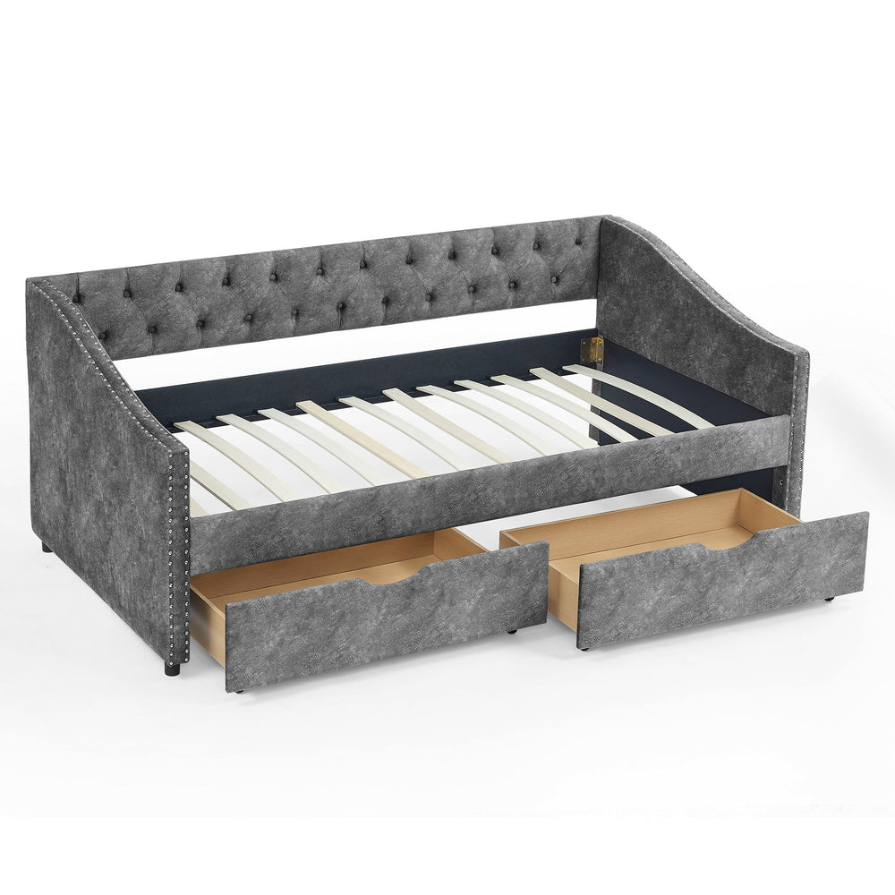 Upholstered Tufted Daybed With 2 Drawers, Waved Arms