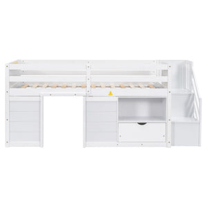 Low Loft Bed With Stair, Drawer, And Shelf