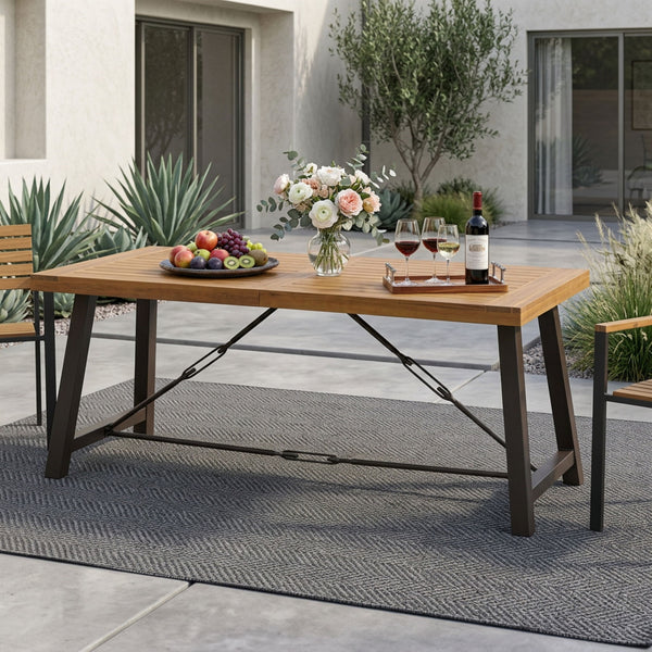 Outdoor Dining Table With Slat Wooden Panel And Turnbuckle Accents - Teak