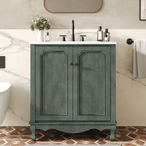 Vintage Bathroom Vanity With Ceramic Sink, Adjustable Shelves