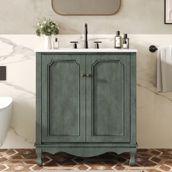 Vintage Bathroom Vanity With Ceramic Sink, Adjustable Shelves