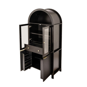 Fluted Tall Arched Pantry Cabinet With Adjustable Shelves, Glass Door & Hidden Drawer For Kitchen