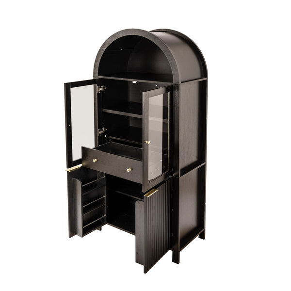 Fluted Tall Arched Pantry Cabinet With Adjustable Shelves, Glass Door & Hidden Drawer For Kitchen