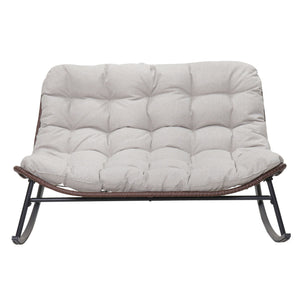 Double Wide Rocking Papasan Chair, 2 Person Outdoor Lounge Seating - Acacia Wood / Beige