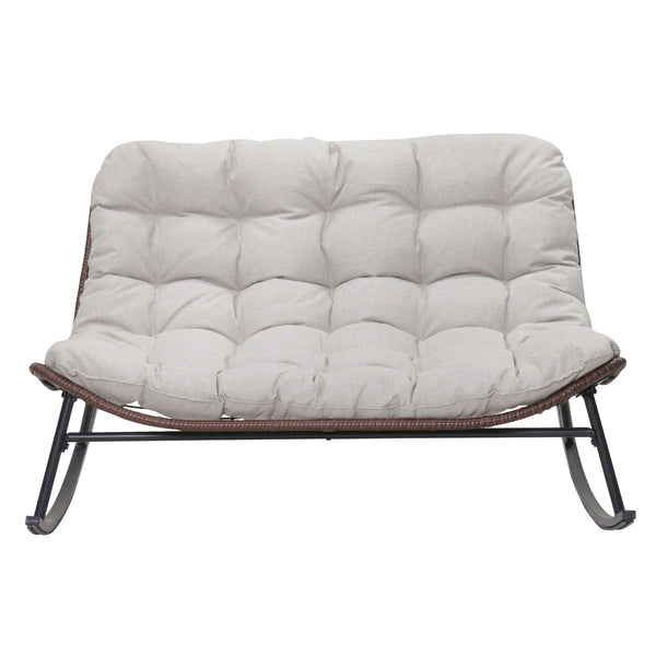 Double Wide Rocking Papasan Chair, 2 Person Outdoor Lounge Seating - Acacia Wood / Beige