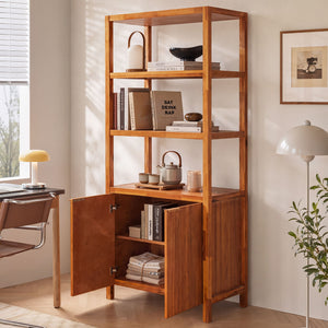 Modern Tall Storage Bookcase Cabinet With 2 Open Shelves & Double Doors