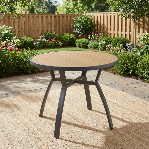 Outdoor Round Patio Table With Slatted Top - Gray