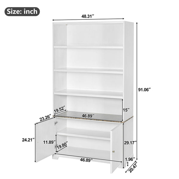 Tall Bookcase Storage Cabinet With 3 Open Shelves & Fluted Double Doors