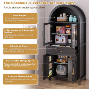 Arched Kitchen Pantry Cabinet With Adjustable Shelves And Barn Door Design