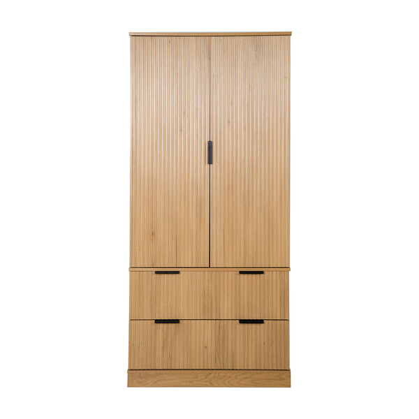 Fluted Kitchen Pantry Cabinet With 2 Large Drawers & 8 Door Spice Rack Freestanding Storage Organizer - Oak